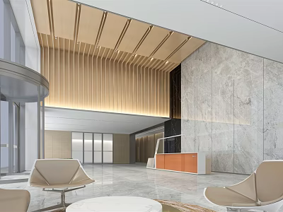 Modern Front Desk Reception Lobby With Wooden Ceiling Marble Wall And Armchairs 3d model