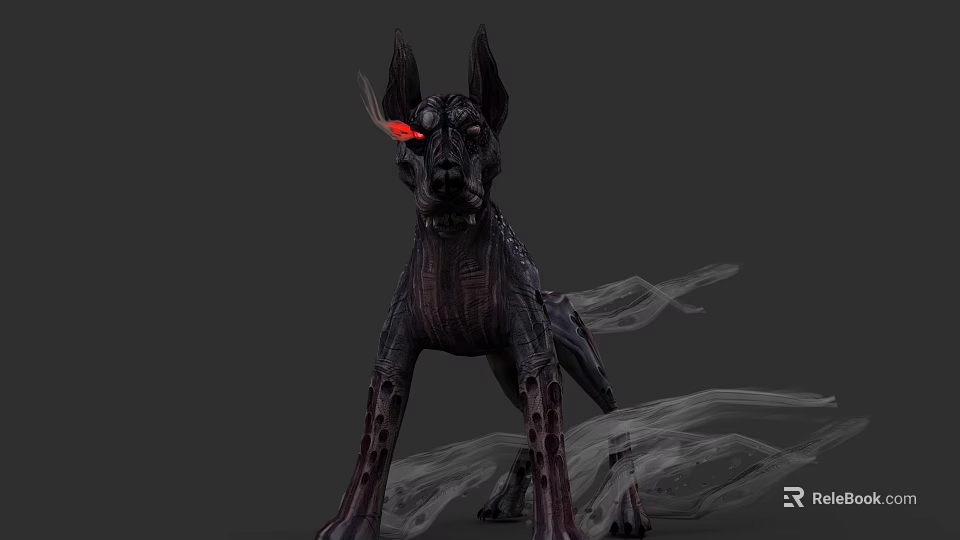 Mystical Black Dog Creature With Red Eyes Spiked Ears And Wispy White Smoke 3d model 