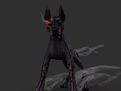 Mystical Black Dog Creature With Red Eyes Spiked Ears And Wispy White Smoke 3d model