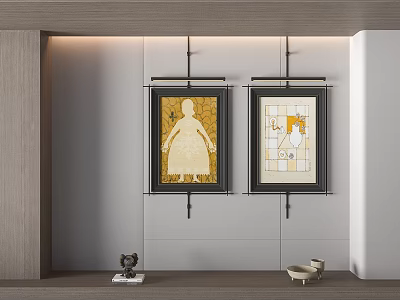 Abstract Paintings With Yellow Tones Framed Hanging In Modern Interior Wall 3d model