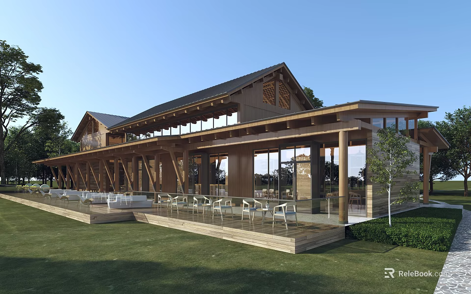 Rustic Wooden Homestay Architecture With Sloped Roof Large Windows Open Terrace And Natural Surroundings 3d model 
