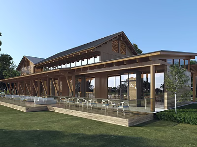 Rustic Wooden Homestay Architecture With Sloped Roof Large Windows Open Terrace And Natural Surroundings 3d model
