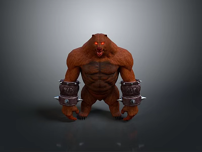 Muscular Brown Monster With Red Eyes And Metal Wrist Guards In Standing Pose 3d model