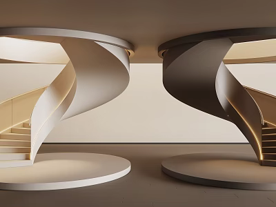 Modern Symmetrical Spiral Staircases In Light And Dark Tones With Lighting 3d model
