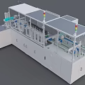 Automated Industrial Production Line With Transparent Enclosure Indicator Lights And Mechanical Workstations