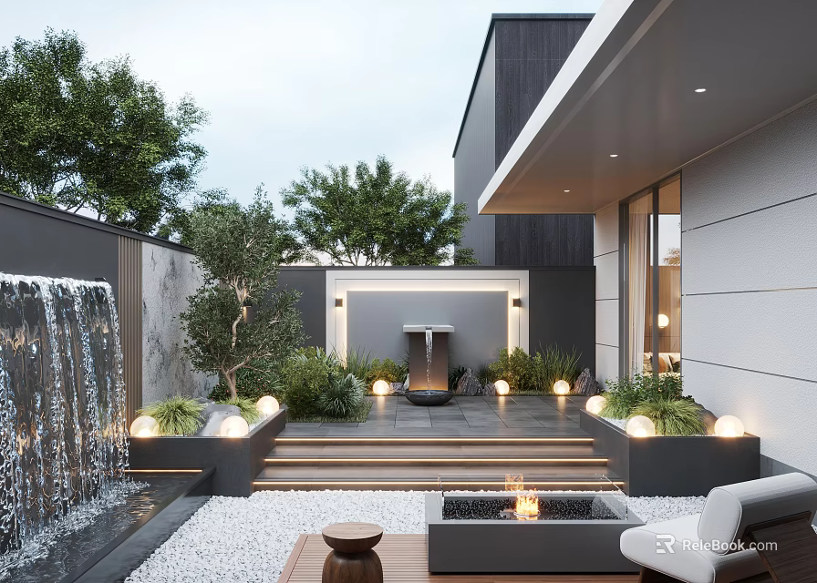 Modern Feature Wall Design With Waterfall Green Plants And Ambient Lighting In Courtyard 3d model 