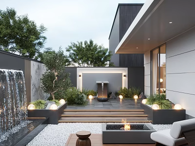 Modern Feature Wall Design With Waterfall Green Plants And Ambient Lighting In Courtyard 3d model