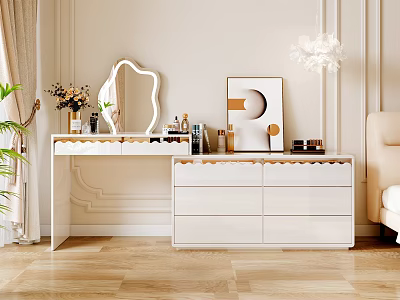Elegant White Dressing Table In Modern Bedroom Interior With Scalloped Mirror Decorative Art And Cosmetics 3d model