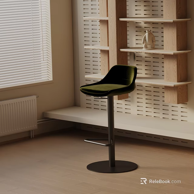 Green Velvet Bar Stool With Black Metal Base In Modern Room With Wooden Shelves 3d model 
