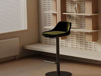 Green Velvet Bar Stool With Black Metal Base In Modern Room With Wooden Shelves 3d model