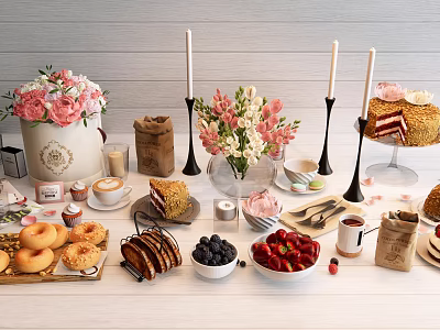 Delicious Assorted Food Spread With Donuts Sandwiches Cake Fresh Berries Flowers And Candles 3d model