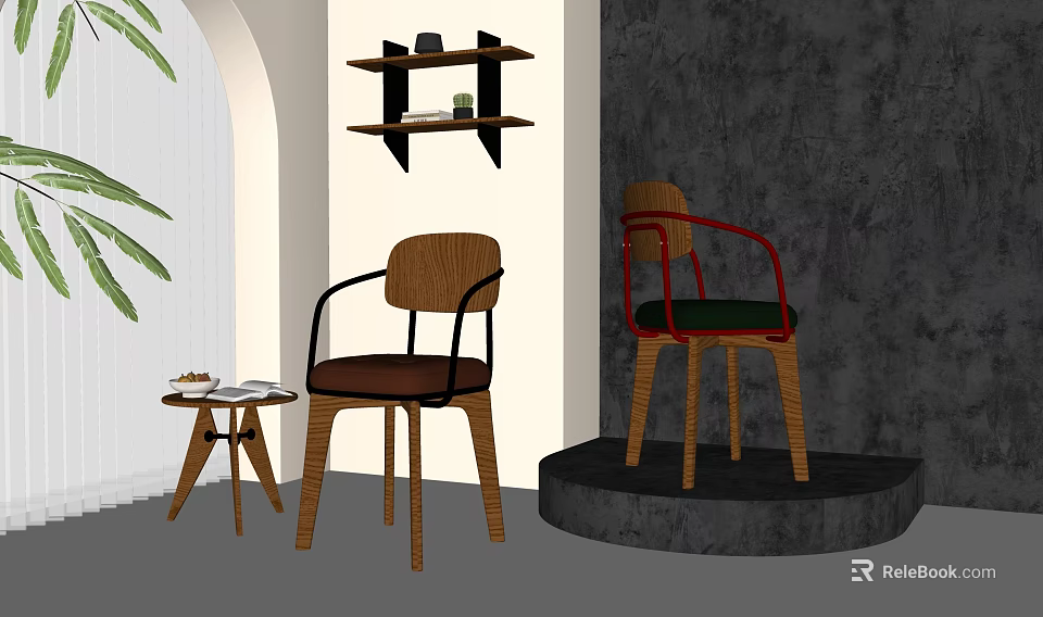 Modern Lounge Chairs With Wooden Frame Black Red Armrests Green Cushions And Side Table 3d model 