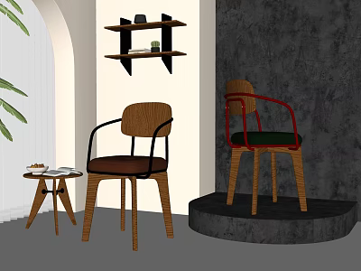 Modern Lounge Chairs With Wooden Frame Black Red Armrests Green Cushions And Side Table 3d model