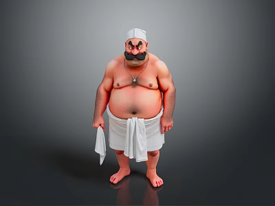Sumo Wrestler With White Headband Big Mustache And White Loincloth Standing Barefoot On Gray Background 3d model