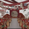 Chinese Style Banquet Hall With Red Decor Hanging Lanterns Crane Decorations Circular Backdrop And Floral Arrangements