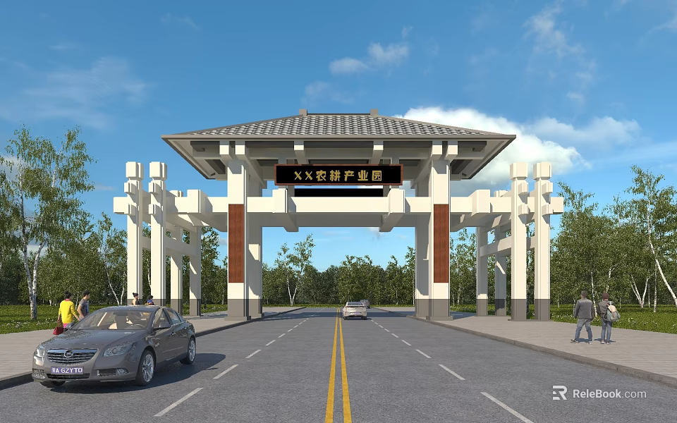 Traditional Agricultural Products Market Entrance Gate With Classic Roof Pillars And Trees Along Road 3d model 