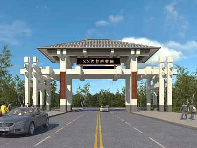 Traditional Agricultural Products Market Entrance Gate With Classic Roof Pillars And Trees Along Road 3d model
