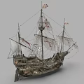 Vintage Sailing Ship Model With Multiple Masts White Sails Decorative Flags And Wooden Structure 3d model