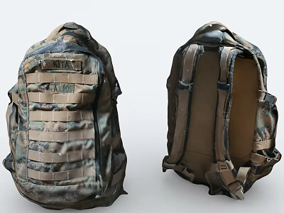 Tactical Military Backpack Front And Back View With Camouflage Design And Straps 3d model