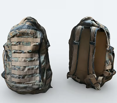Tactical Military Backpack Front And Back View With Camouflage Design And Straps 3d model
