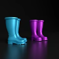 Two Pairs of Stylish Blue and Purple Rain Boots on Black Background