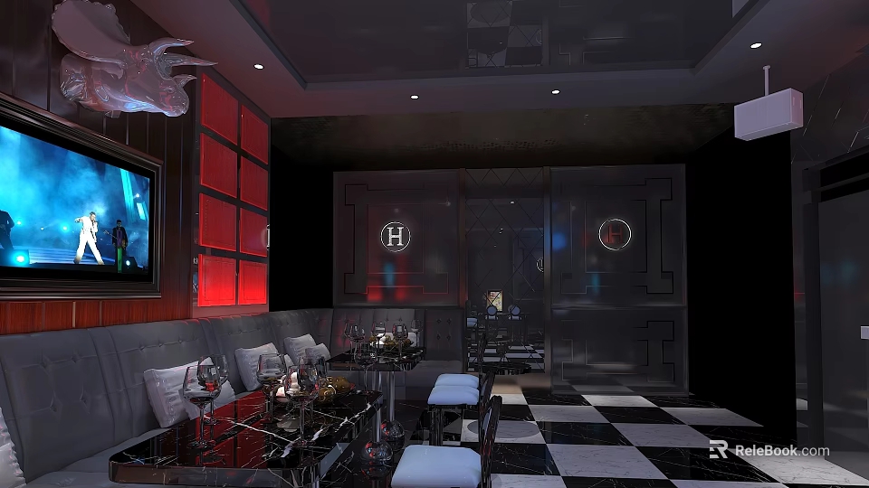 Stylish KTV Lounge With Red Wall Decor Checkerboard Floor Leather Seats And Digital Screens 3d model 