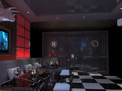 Stylish KTV Lounge With Red Wall Decor Checkerboard Floor Leather Seats And Digital Screens 3d model