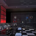 Stylish KTV Lounge With Red Wall Decor Checkerboard Floor Leather Seats And Digital Screens