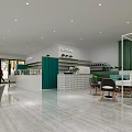 Modern Dessert Shop Interior With Open Space Green Decor Shelves Marble Counter and Tables
