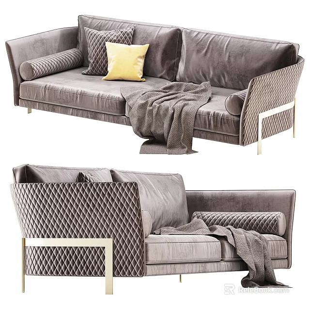 Gray Velvet Two-Seater Sofa With Yellow Pillow Cozy Blanket And Metal Trim Legs 3d model 