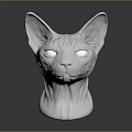 Sphynx Cat Head Sculpture in Silver with Smooth Surface and Dark Background Reflection 3d model