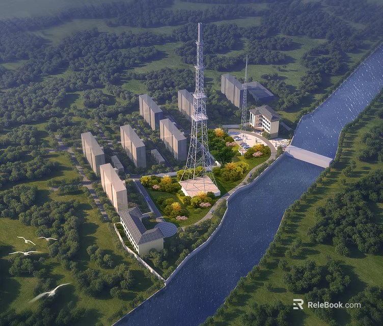 Industrial Equipment Tall Tower Structure With Green Landscape River And Surrounding Buildings 3d model 