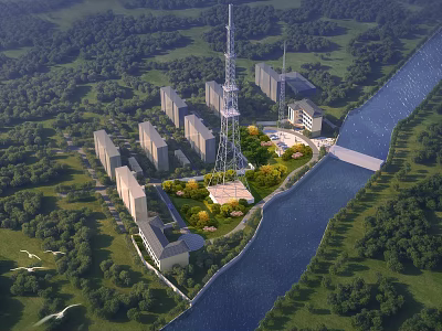 Industrial Equipment Tall Tower Structure With Green Landscape River And Surrounding Buildings 3d model