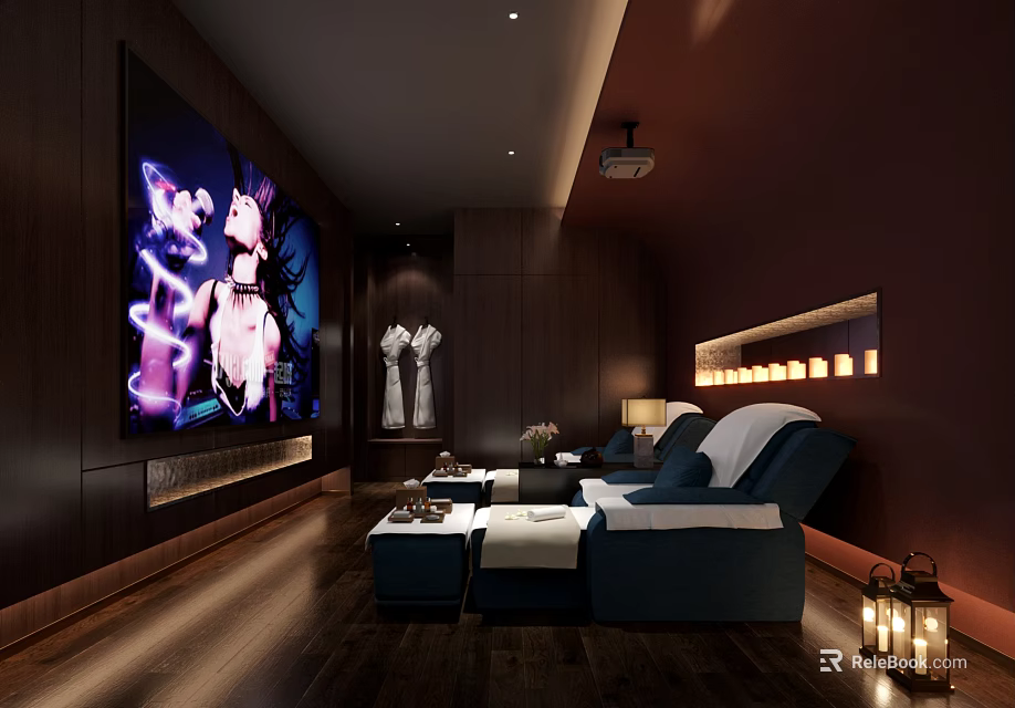SPA Sauna Interior Design With Relaxation Area Comfortable Seats And Candle Lighting 3d model 