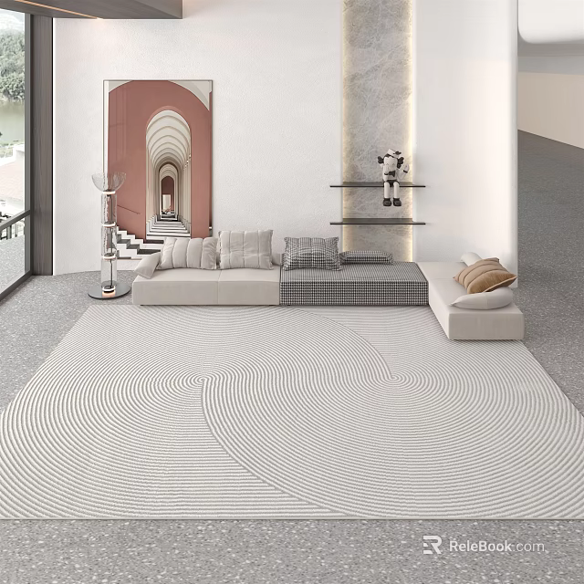 Modern Sectional Sofa in Living Room With Light Gray Upholstery Area Rug And Wall Art 3d model 