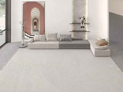 Modern Sectional Sofa in Living Room With Light Gray Upholstery Area Rug And Wall Art 3d model