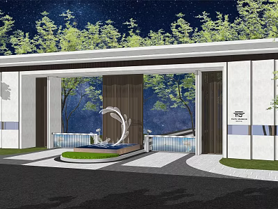 Modern Entrance Gate Design With Green Trees Water Fountain And Night Sky 3d model