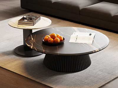 Modern Round Marble Coffee Table with Oranges Bowl Books and Side Table 3d model