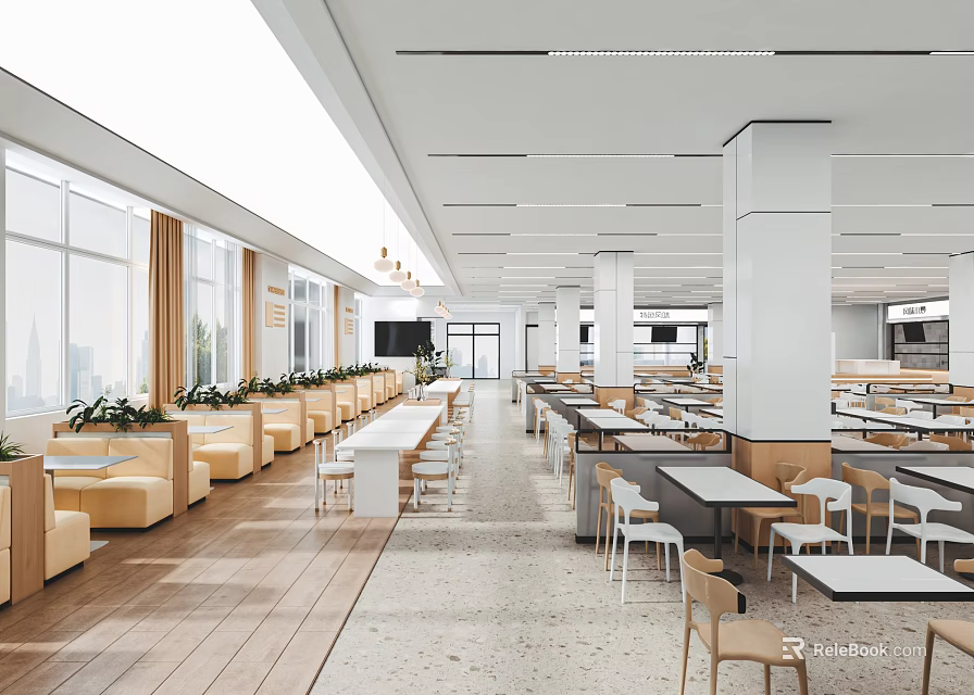 Modern Spacious Restaurant Interior With Large Windows Wooden Floors And Dining Tables 3d model 