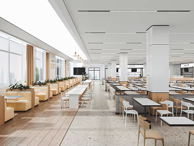 Modern Spacious Restaurant Interior With Large Windows Wooden Floors And Dining Tables 3d model
