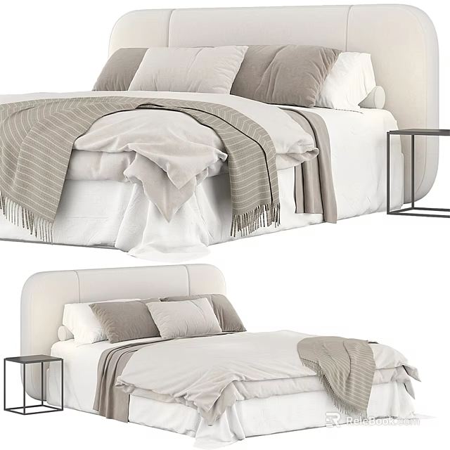 Elegant Double Bed With White Bedding Gray Pillows And Cozy Blanket 3d model 