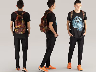 Man Shown In Three Views Wearing Black T-shirt Black Pants Backpack And Orange Shoes 3d model