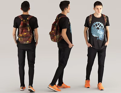 Man Shown In Three Views Wearing Black T-shirt Black Pants Backpack And Orange Shoes 3d model