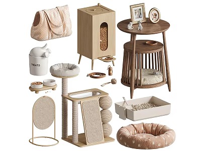 Stylish Pet Furniture Collection With Cat Scratchers Beds Trees And Feeding Bowls 3d model