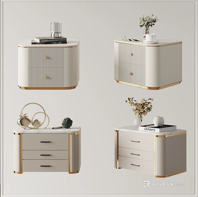 Modern Elegant Nightstand With White Finish Gold Trim Drawers And Decorative Items 3d model 