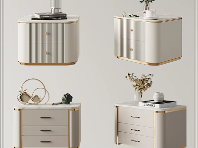 Modern Elegant Nightstand With White Finish Gold Trim Drawers And Decorative Items 3d model