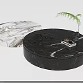 Modern Black and White Marble Coffee Tables with Small Plant and Tray