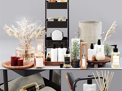 Stylish Bathroom Accessories With Soap Dispensers Aromatherapy Candles Storage Shelves And Mini Plants 3d model
