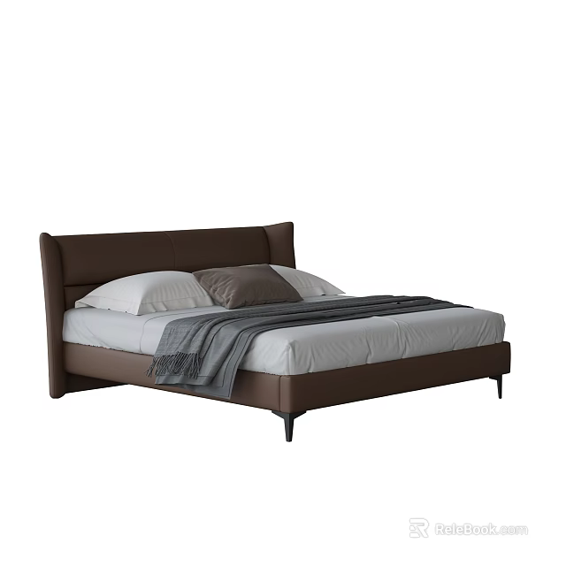 Modern Brown Leather Double Bed With White Sheets Gray Blanket And Pillows 3d model
