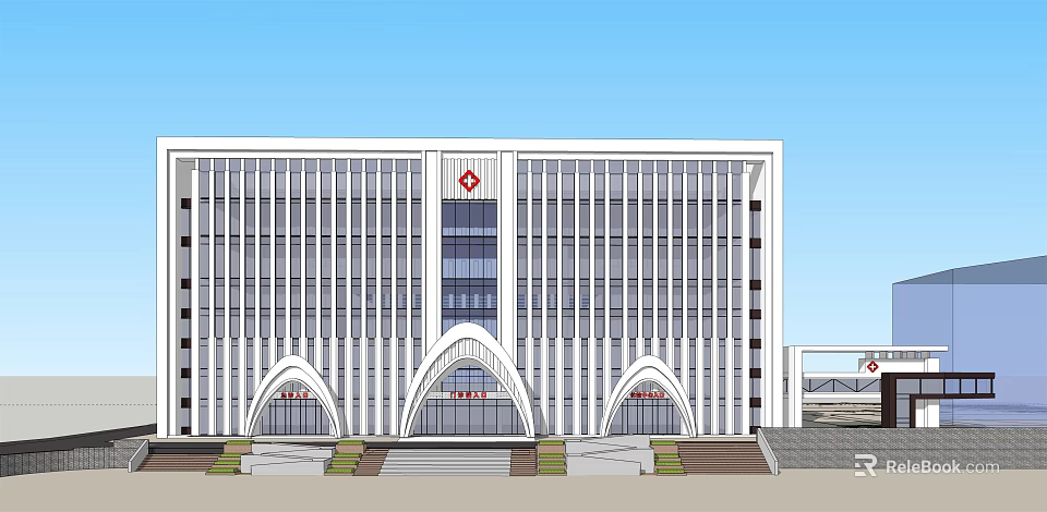 Modern Hospital Building Exterior Featuring Red Cross White Facade Glass Windows And Arch Entrances 3d model 